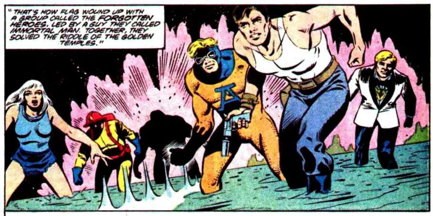 The team known as the Forgotten Heroes being led by Animal Man.