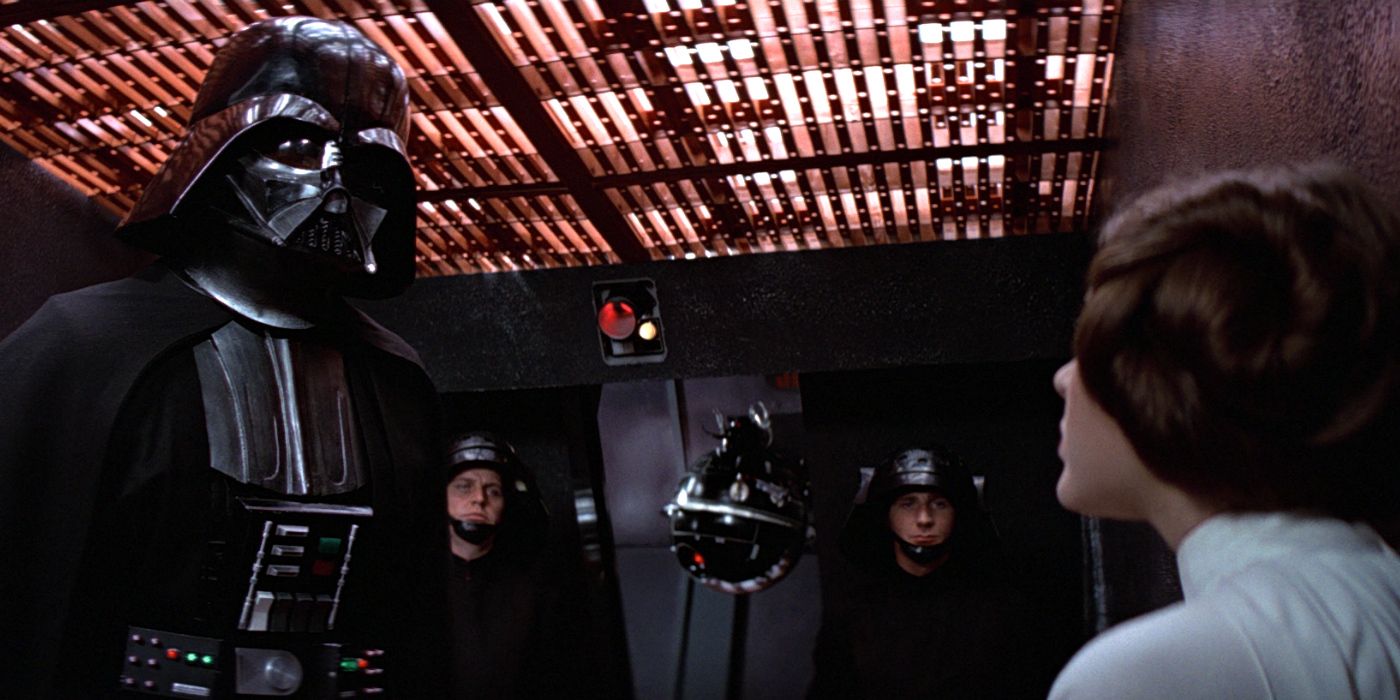 Princess Leia is interrogated by Darth Vader and an Interrogation droid in A New Hope