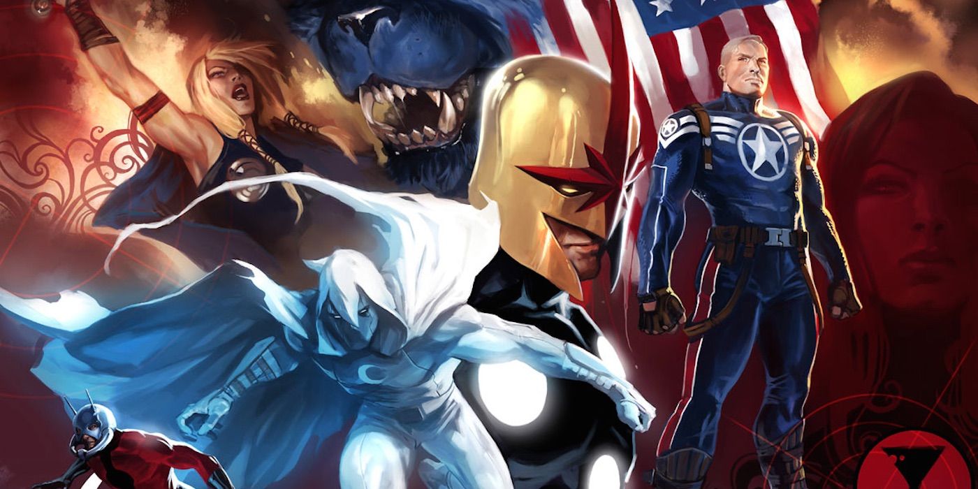 Marvel Comics' Secret Avengers consisting of Ant-Man, Moon Knight, Valkyrie, the Beast, Nova, Steve Rogers, and Black Widow