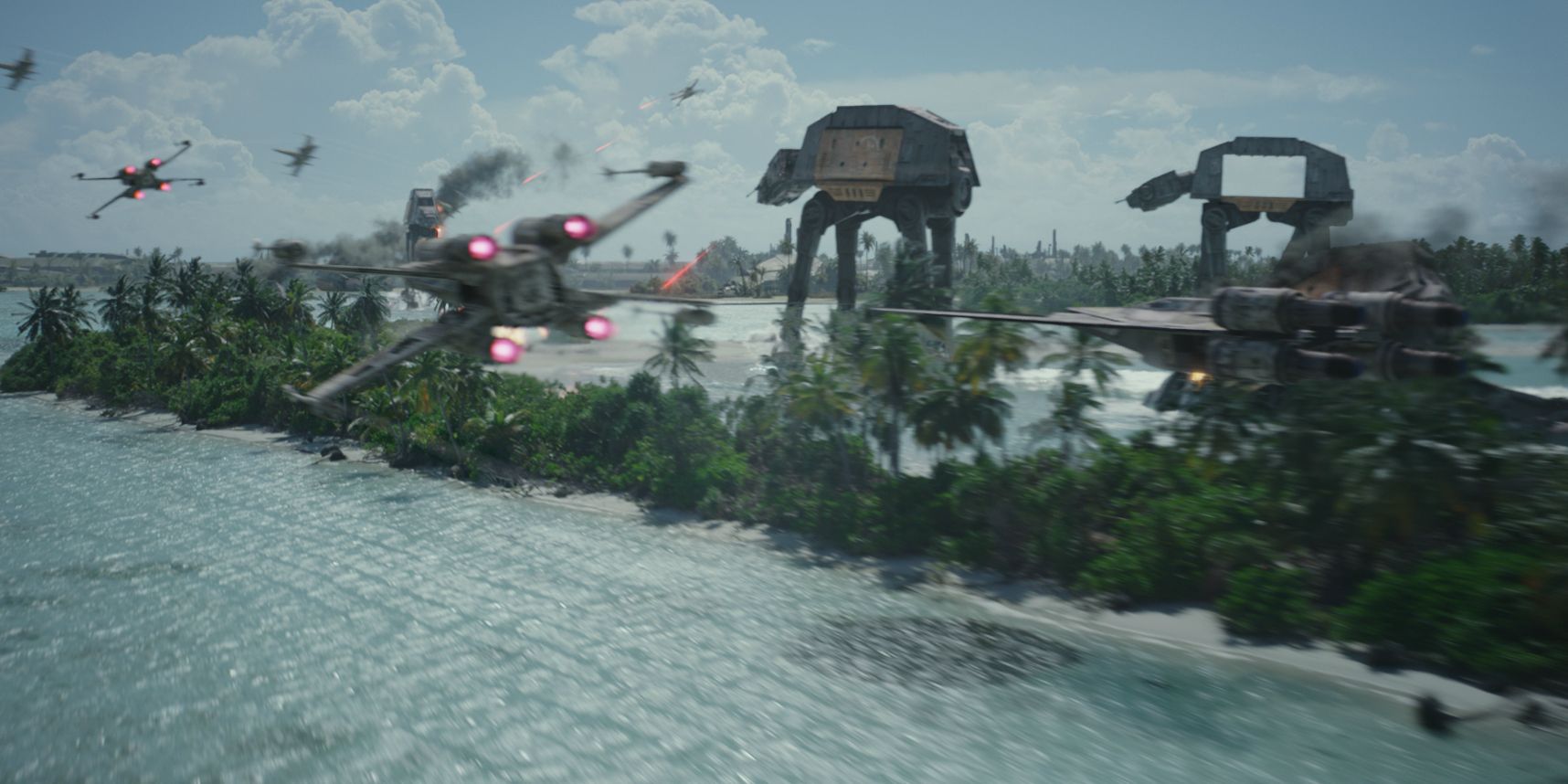 X-wing fighters take on AT-ACT walkers during the Battle of Scarif in Rogue One: A Star Wars Story