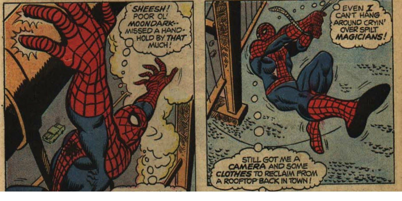 spider-man and moondark fall from a bridge in old Spidey comics