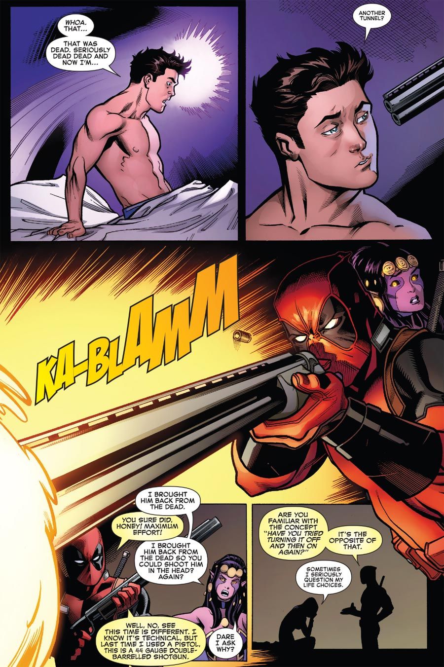Peter Parker buys it at Deadpool's hand for the second time.
