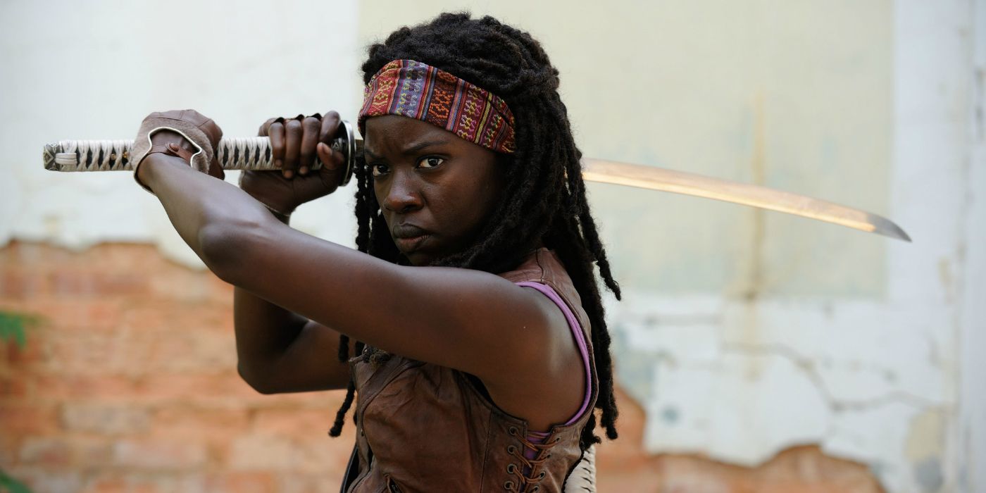 Michonne prepares to swing her sword in The Walking Dead