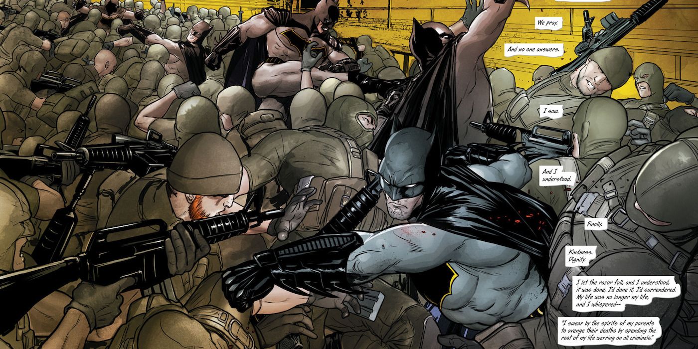 Batman battles armed soldiers