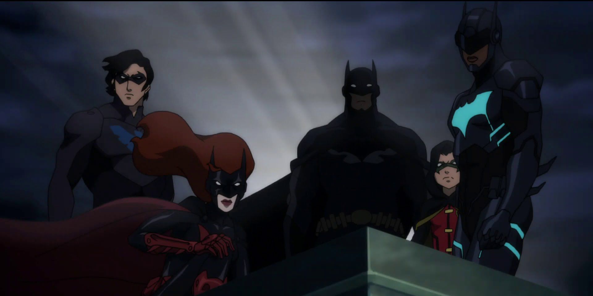 Nightwing, Batwoman, Batman, Robin, and Batwing from Batman: Bad Blood