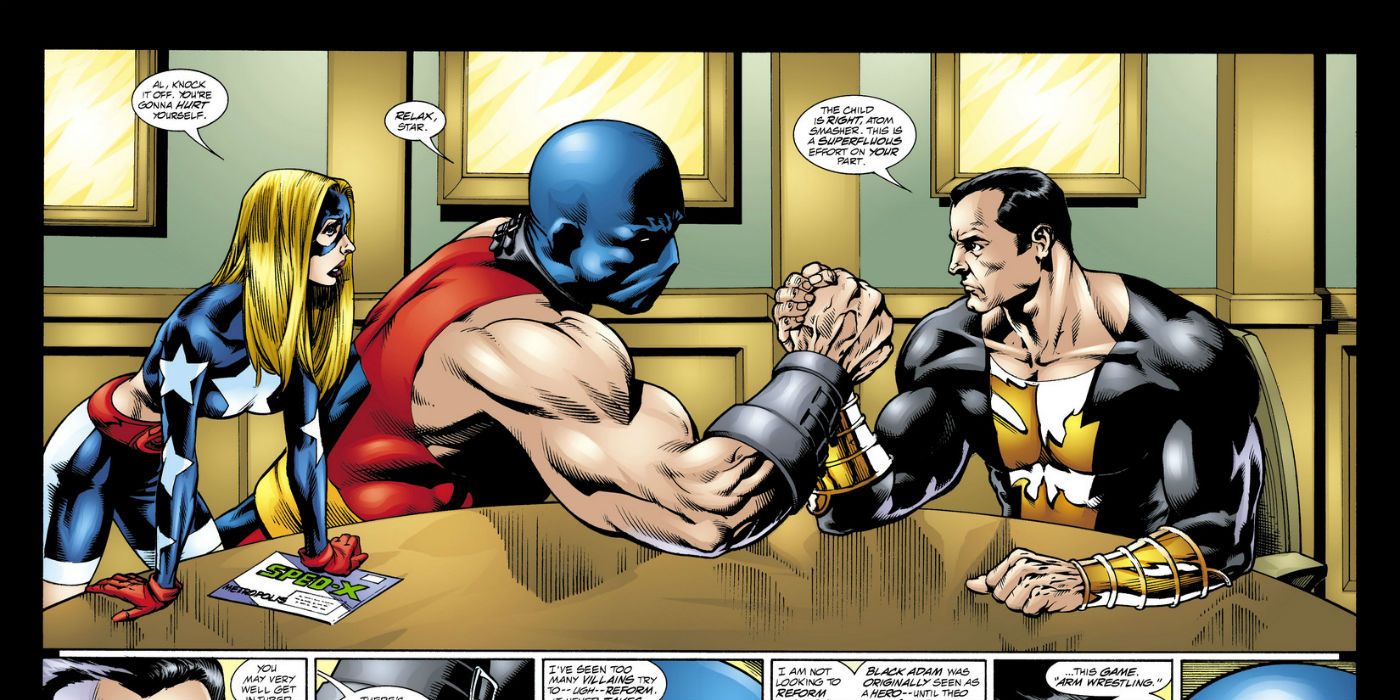 Black Adam arm wrestling Atom Smasher in DC Comics' JSA