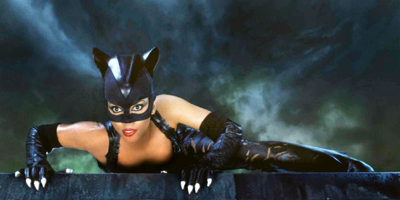 Halle Berry as Catwoman in the film climbing a wall