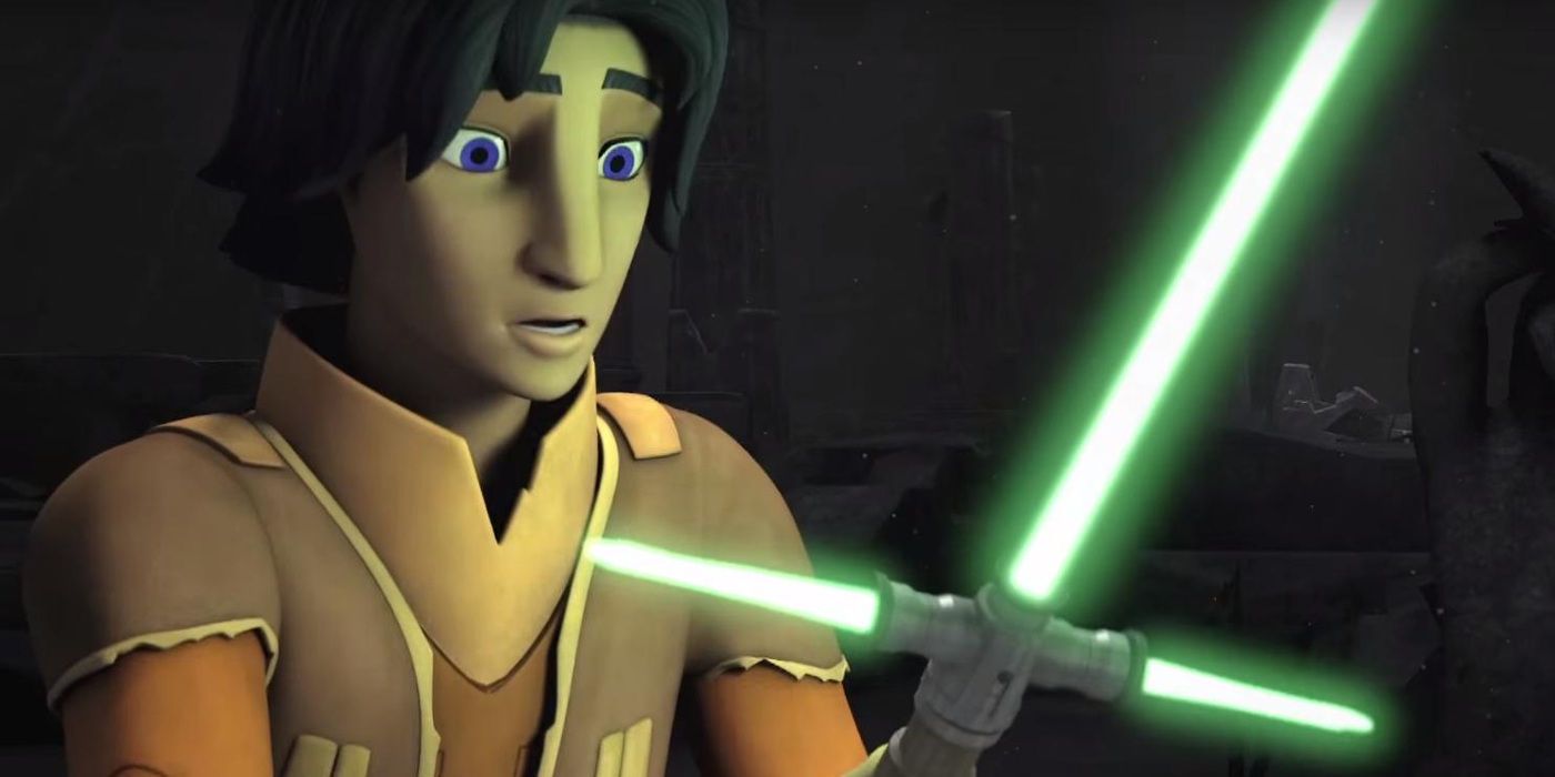 Ezra Bridger from Star Wars Rebels holding a green crossguard lightsaber
