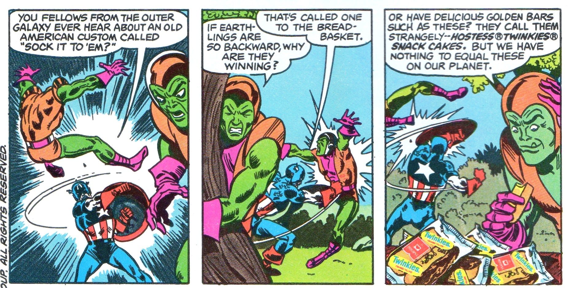 Captain America battles aliens as they feast on Hostess Twinkies. 