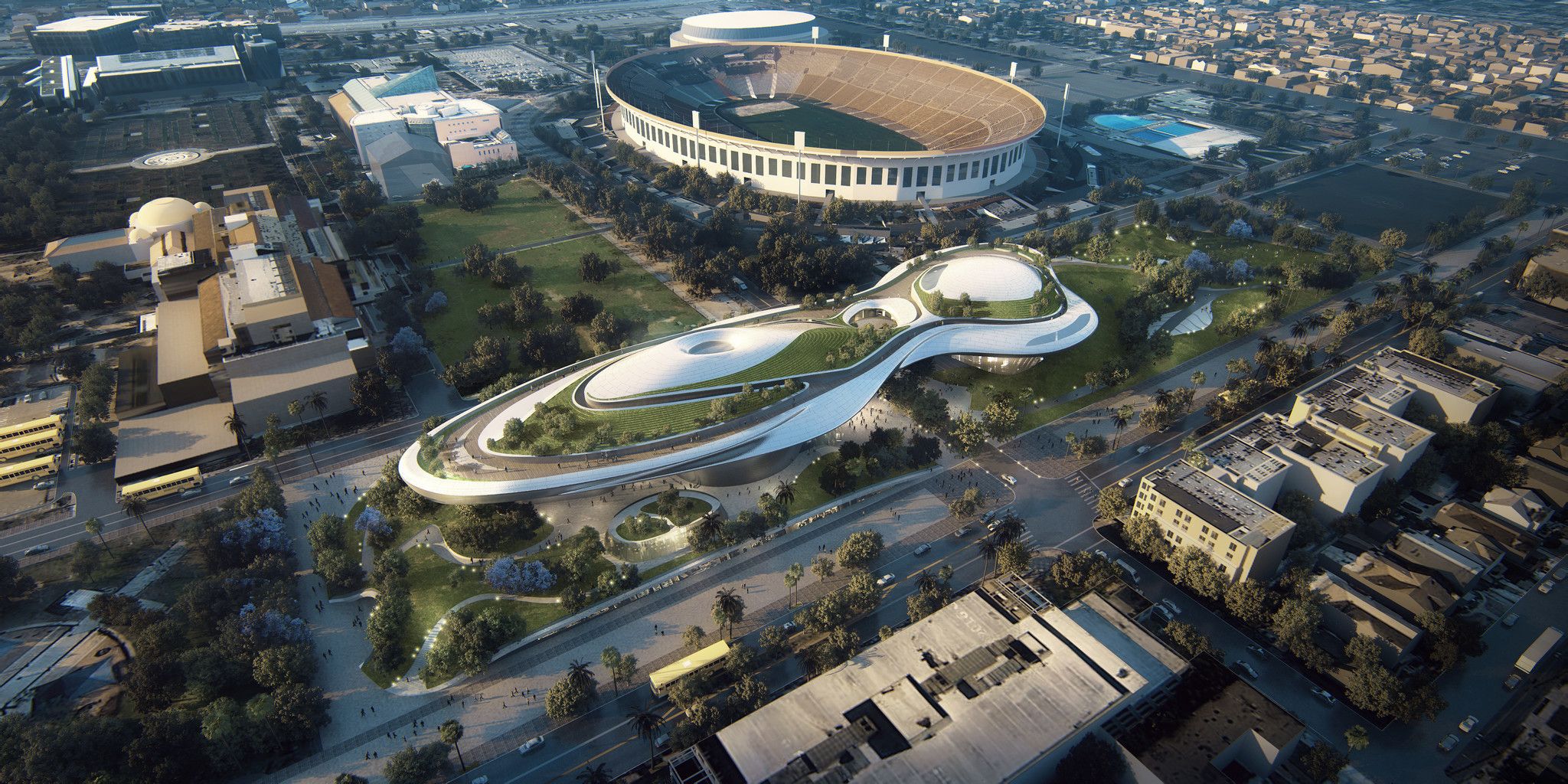 The Lucas Museum proposal for Exposition Park, with the Coliseum lying beyond it, as provided by the LA Times.