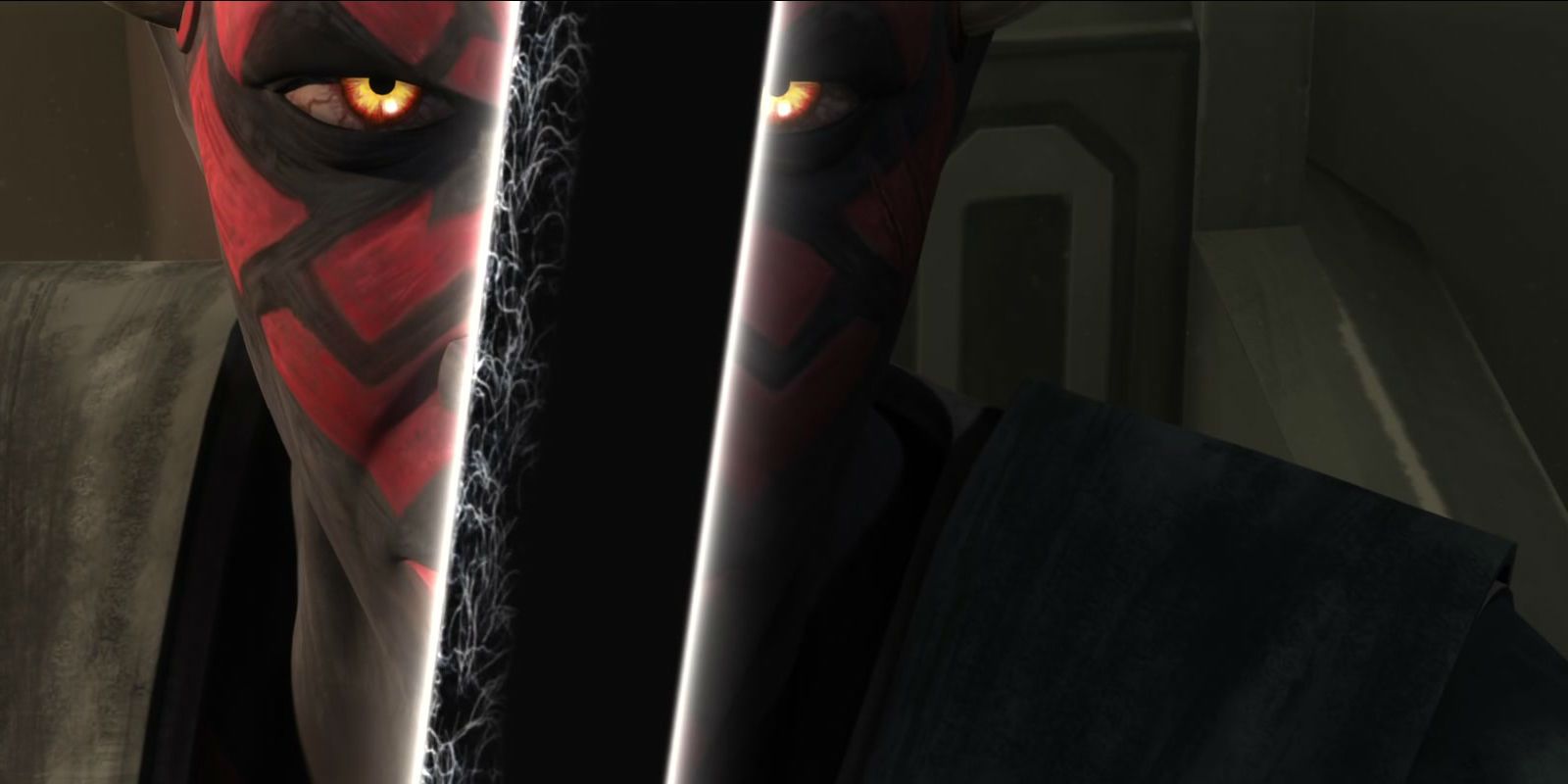 Darth Maul holds the Darksaber in front of his face.