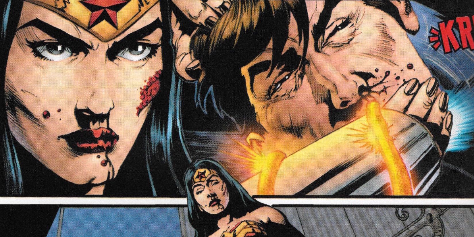 Wonder Woman snapping Max Lord's nek and killing him in DC Comics