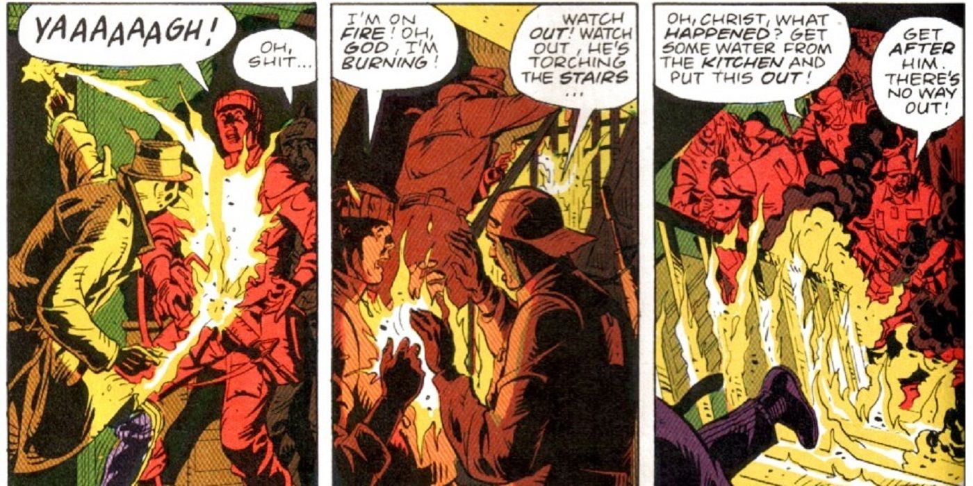 Rorschach Sets Fire To A Cop in Watchmen