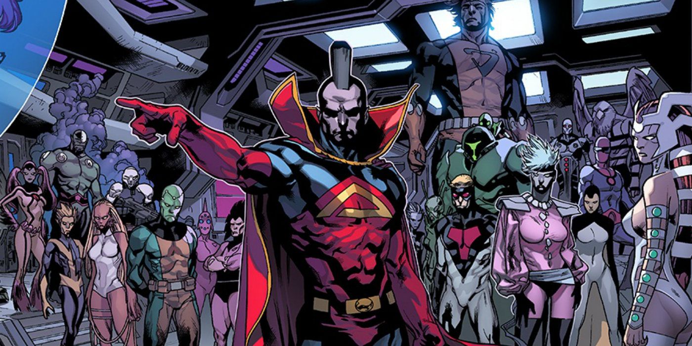 An image of The Guardian from the Shi'ar empire with several Marvel villains behind him