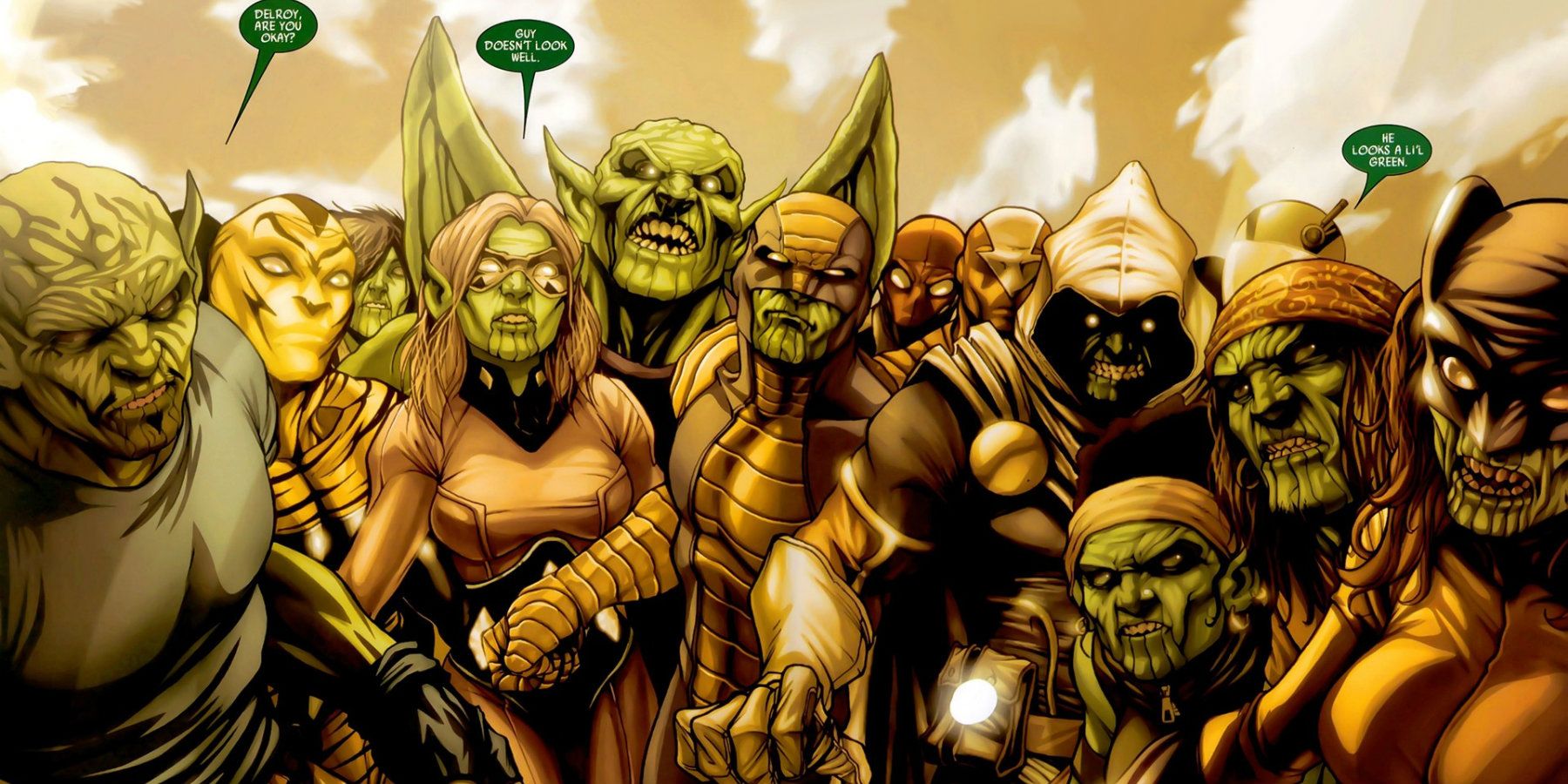 A group of Skrulls partially shapeshifting to look like Marvel heroes and villains