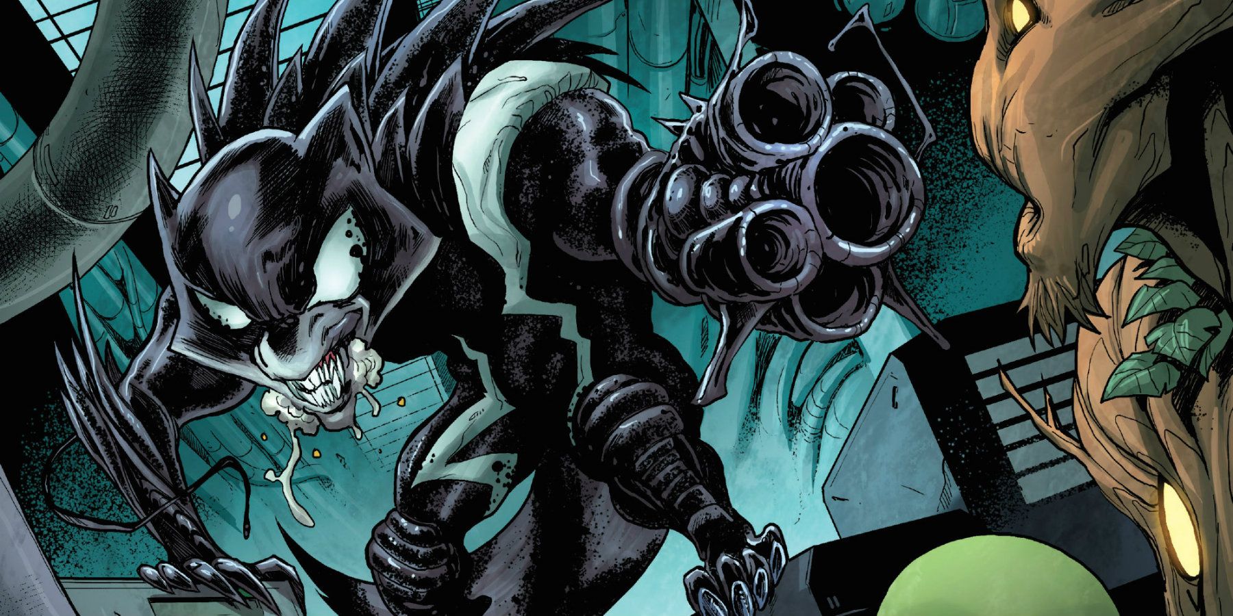 Rocket Raccoon hosts Venom and holds a gun in Marvel Comics