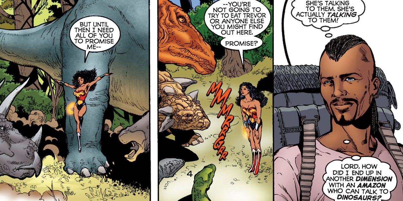 Wonder Woman Talking To Dinosaurs