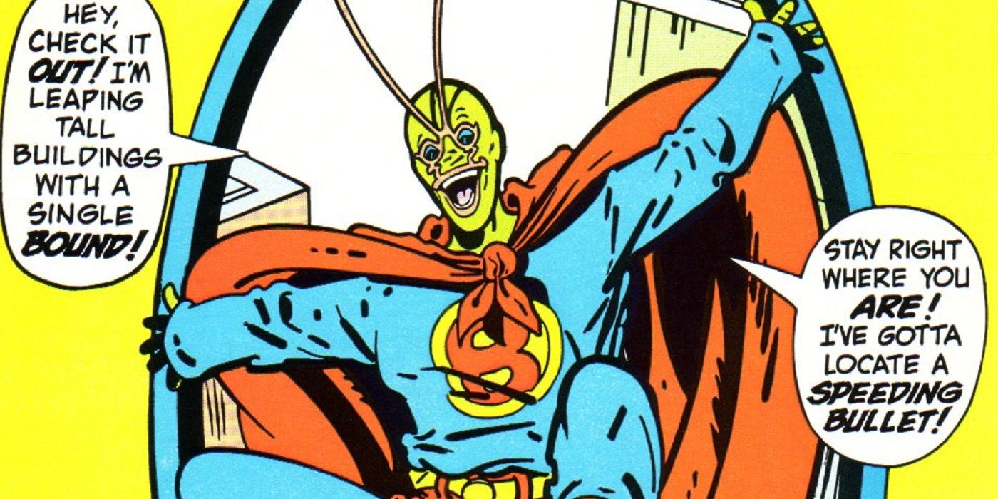 Ambush-Bug leaps across the cover of a DC cover from 1984 in Superman's suit