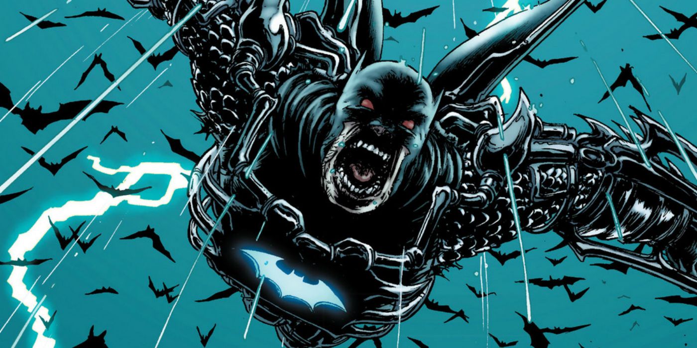 Batman wearing his Man-Bat Armor and diving from the sky surrounded by bats