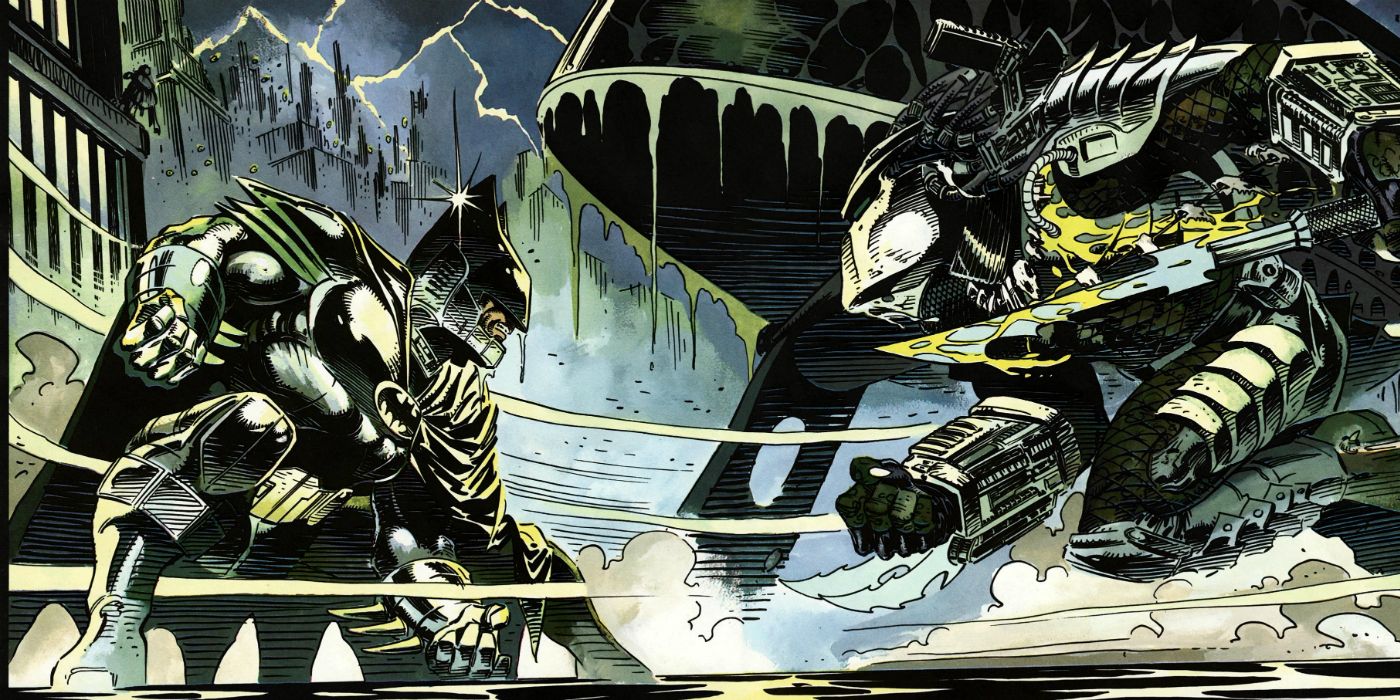 Batman fighting Predator in his advanced batsuit