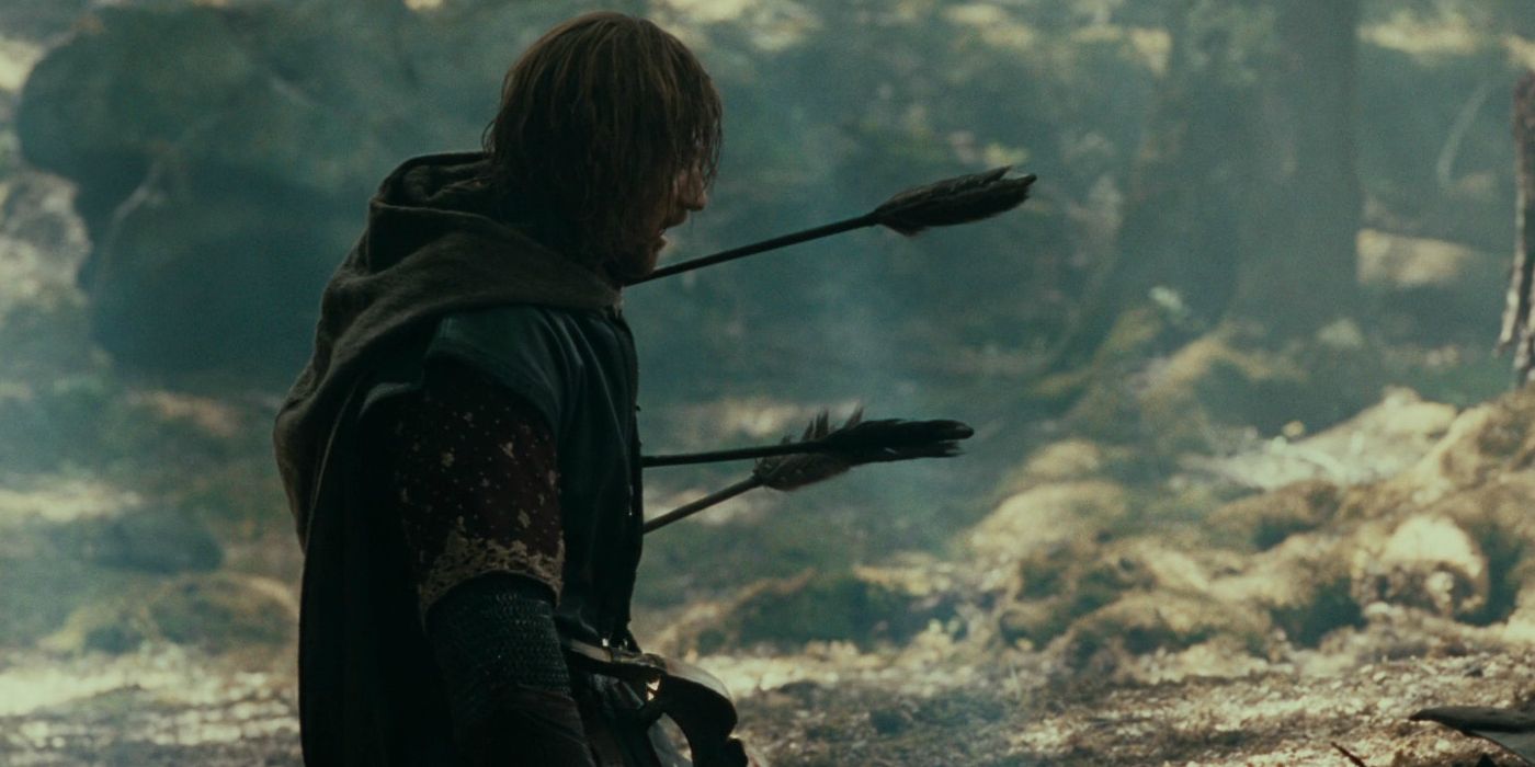 Borormir pierced by three arrows in Fellowship of the Ring