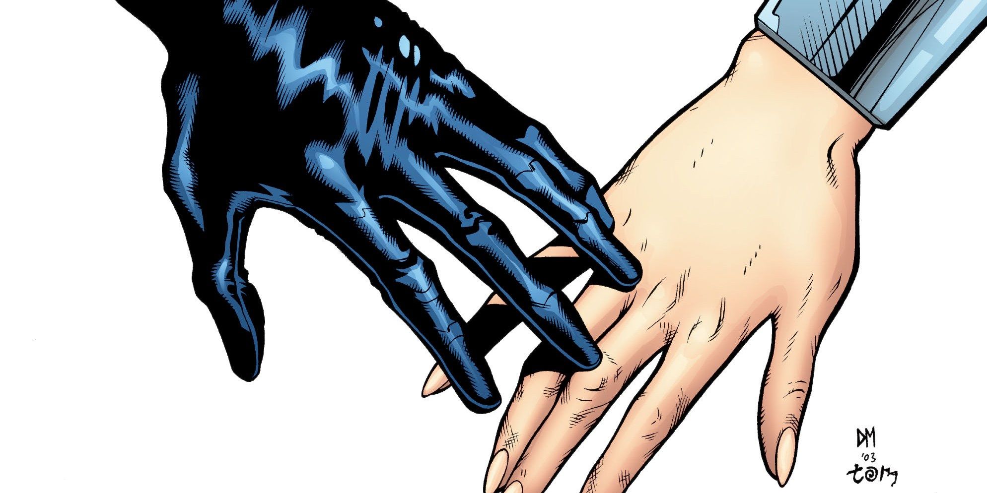 Batman's hand touches Wonder Woman's hand