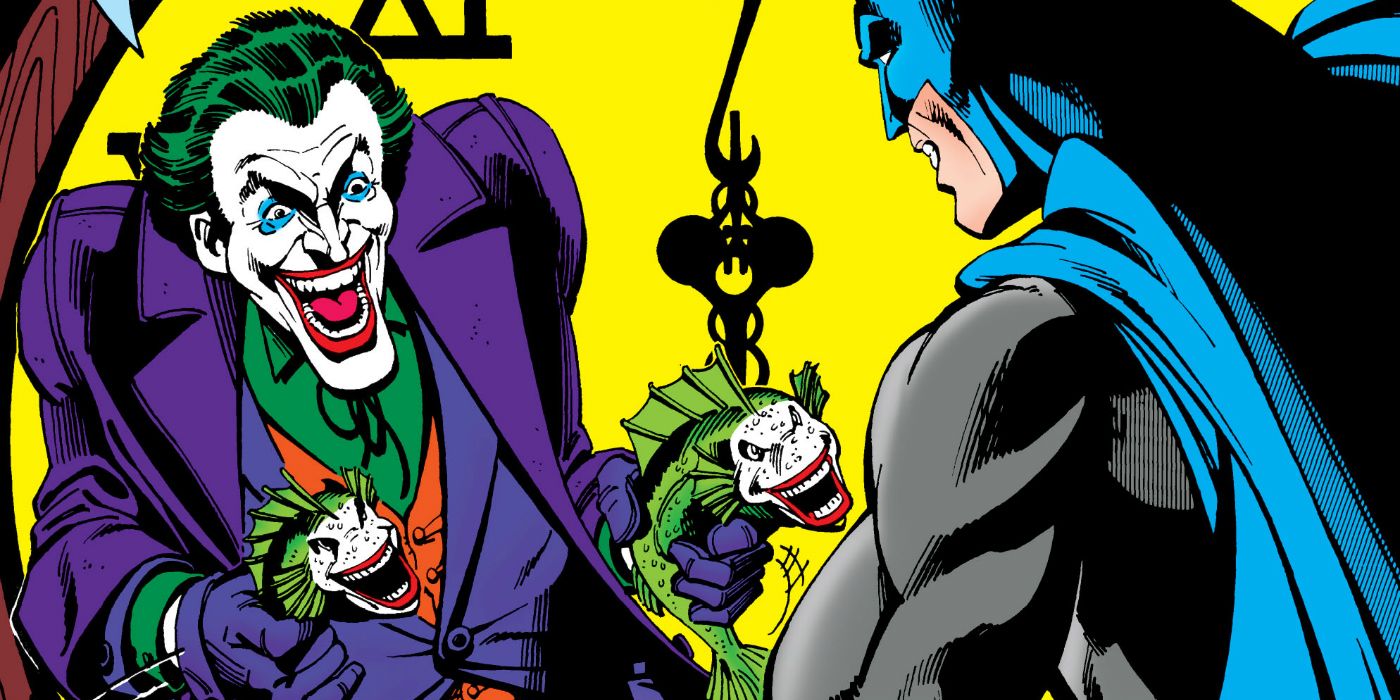 Joker holding his "laughing fish" while facing Batman from Detective Comics #475
