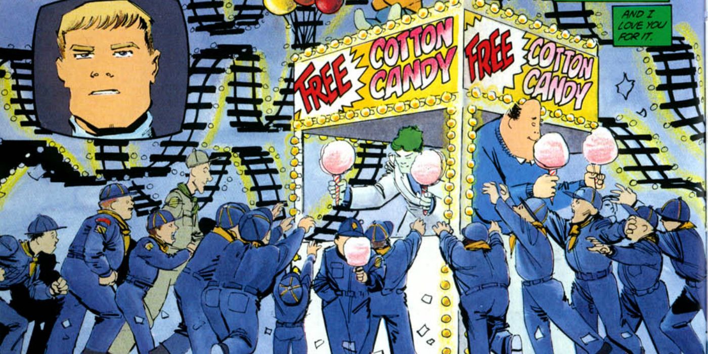 The Joker handing out poisoned cotton candy to kids in The Dark Knight Returns comic