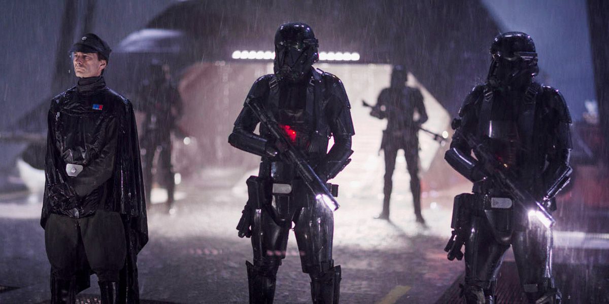 Death Troopers from Star Wars escort an emissary from the Galactic Empire.