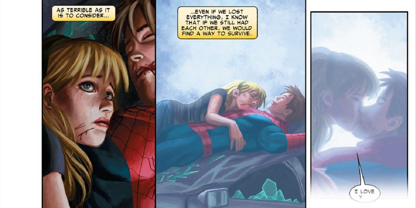 Spider-man as Peter Parker is transported into an alternate reality where Gwen Stacy marries him.