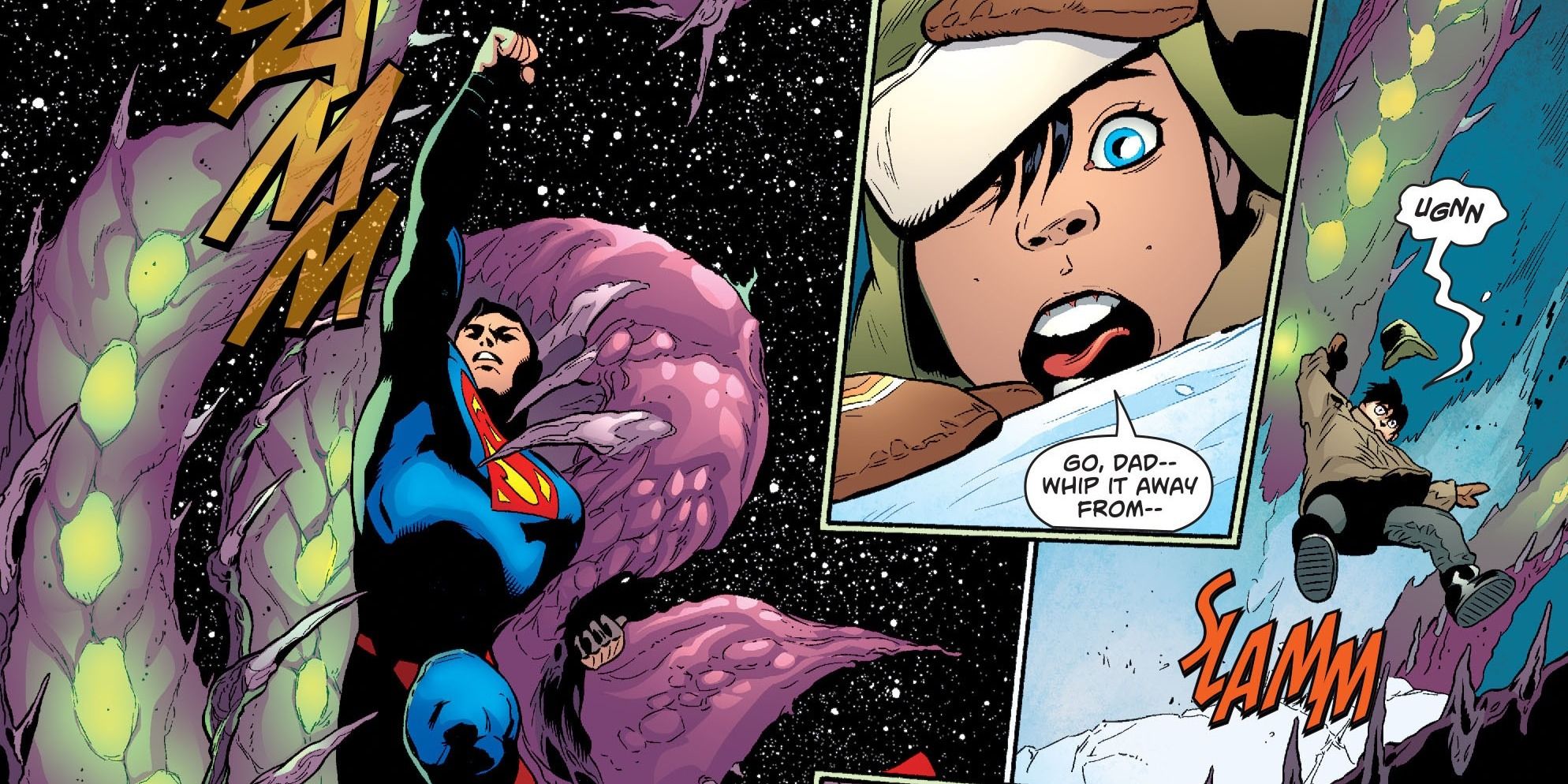 Superman and son vs. a tentacled creature 