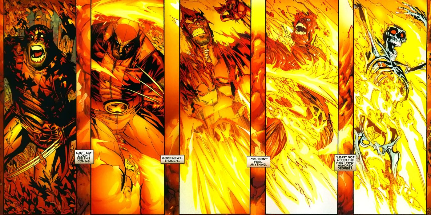A pele de Wolverine queima, revelando seu esqueleto de metal de adamantium por baixo.
