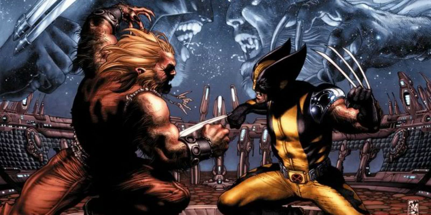 Wolverine fighting Sabretooth in Marvel comics.