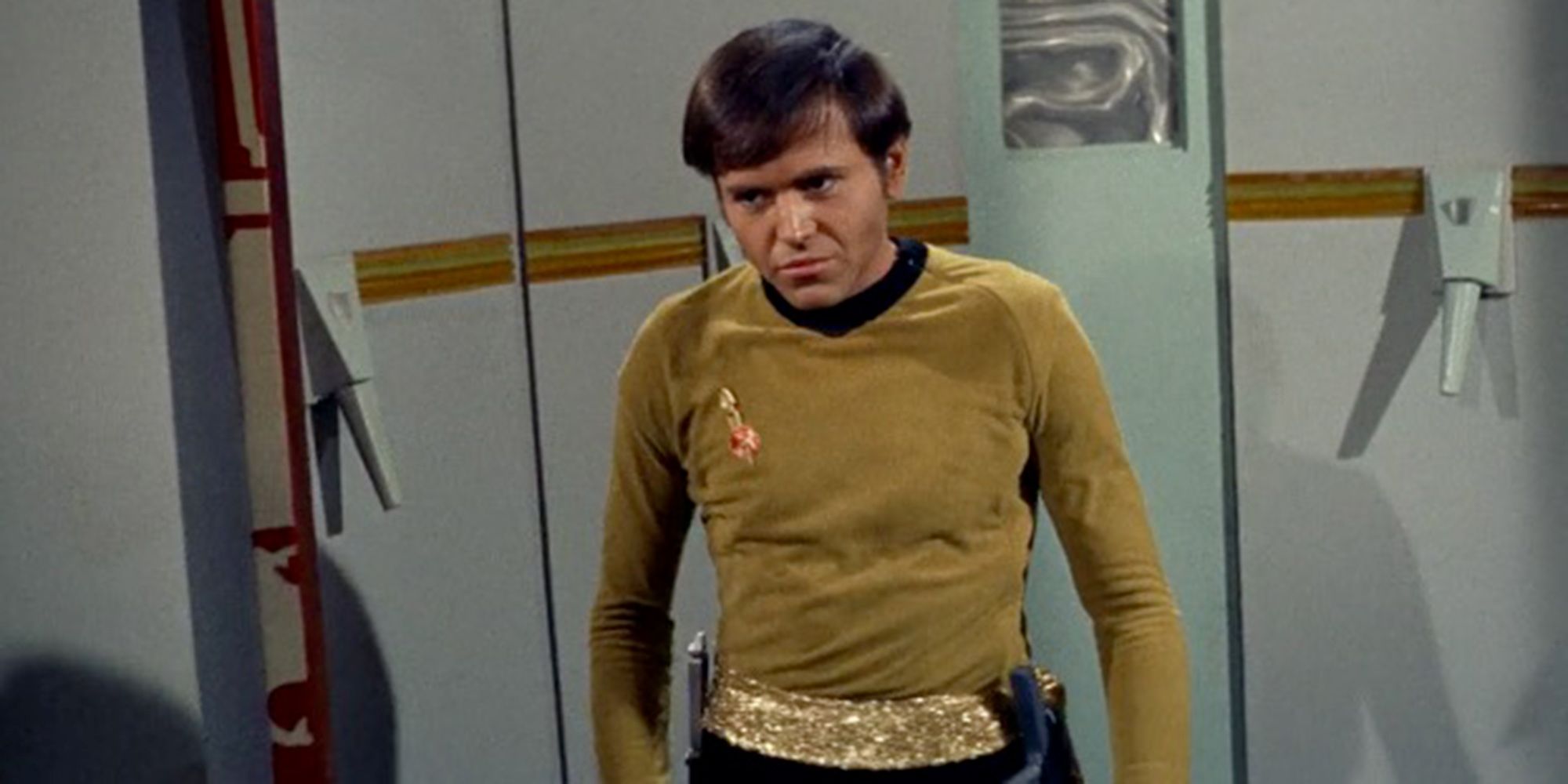Walter Koenig as Pavel Chekov in Star Trek: TOS, looking world-weary