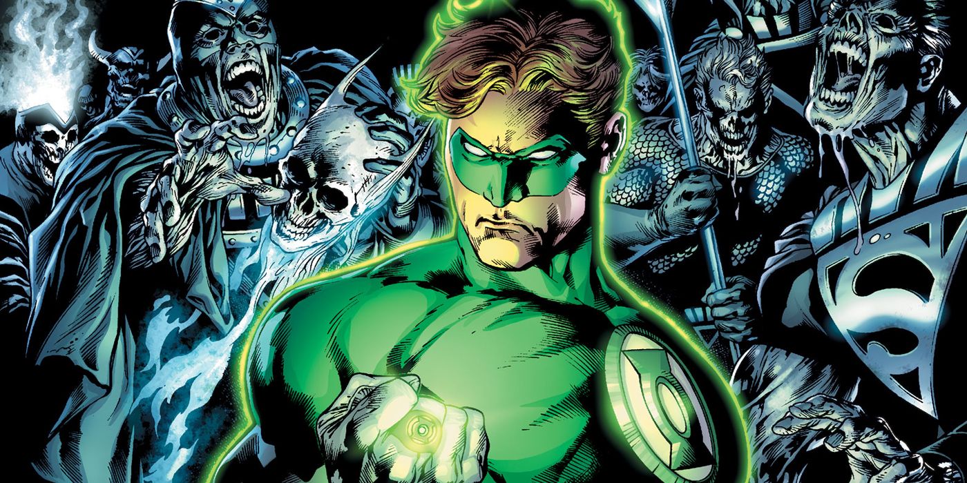 Green Lantern surrounded by undead Black Lantern in DC's Blackest Night.