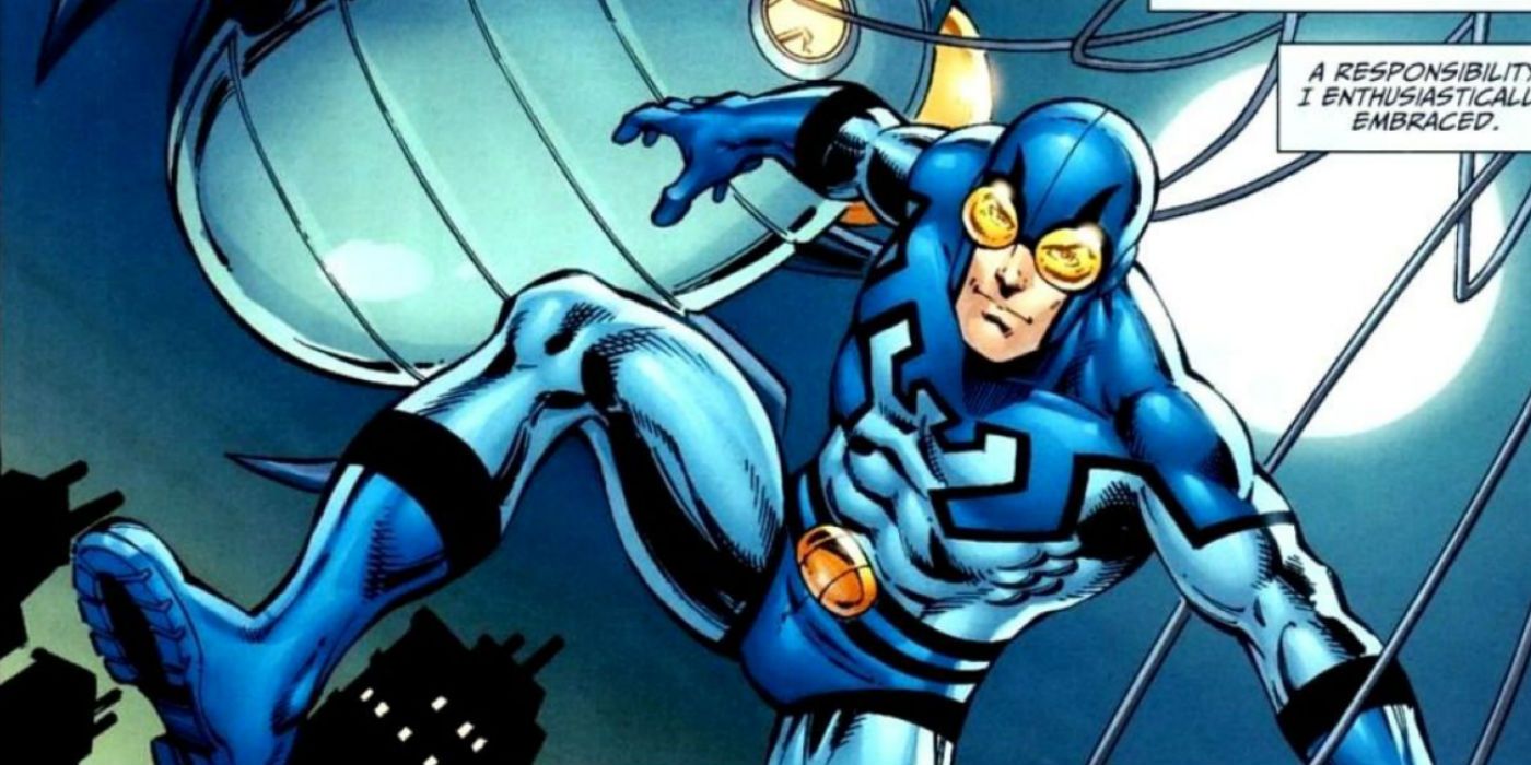 Blue Beetle Ted Kord jumping out of The Bug in DC Comics.
