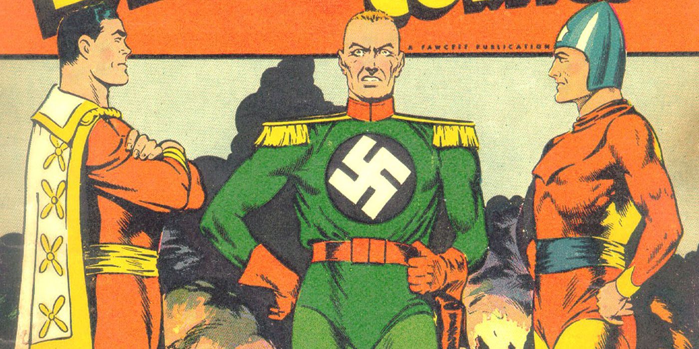 Captain Marvel standing with Bulletman and Captain Nazi