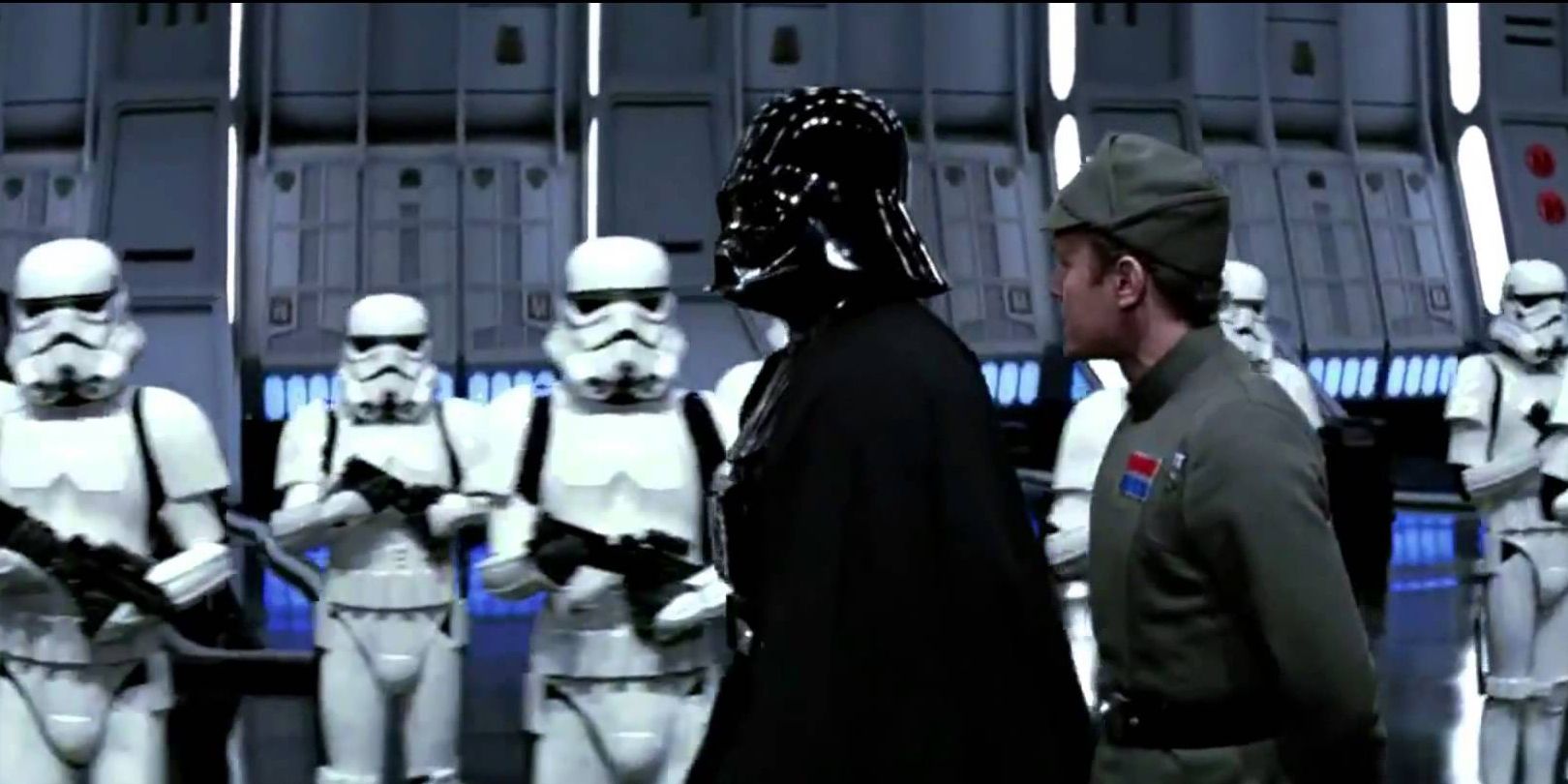 Darth Vader And Imperial Officer walk past Stormtroopers