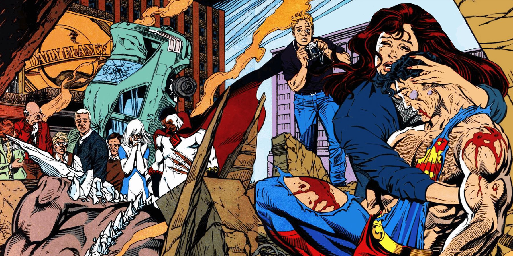 An image of Lois Lane holding a dying Superman in the comic, The Death of Superman