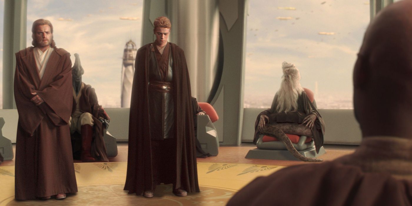 Anakin and Obi-Wan in front of the Jedi Council