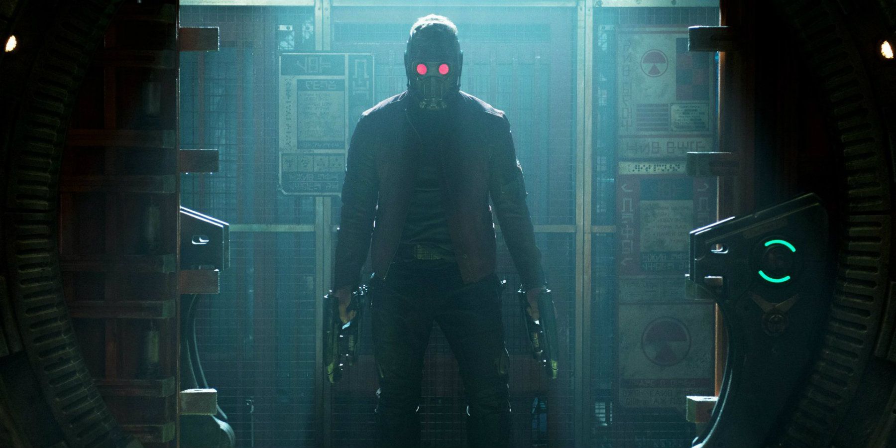 MCU Star-Lord standing in a dimly-lit doorway.