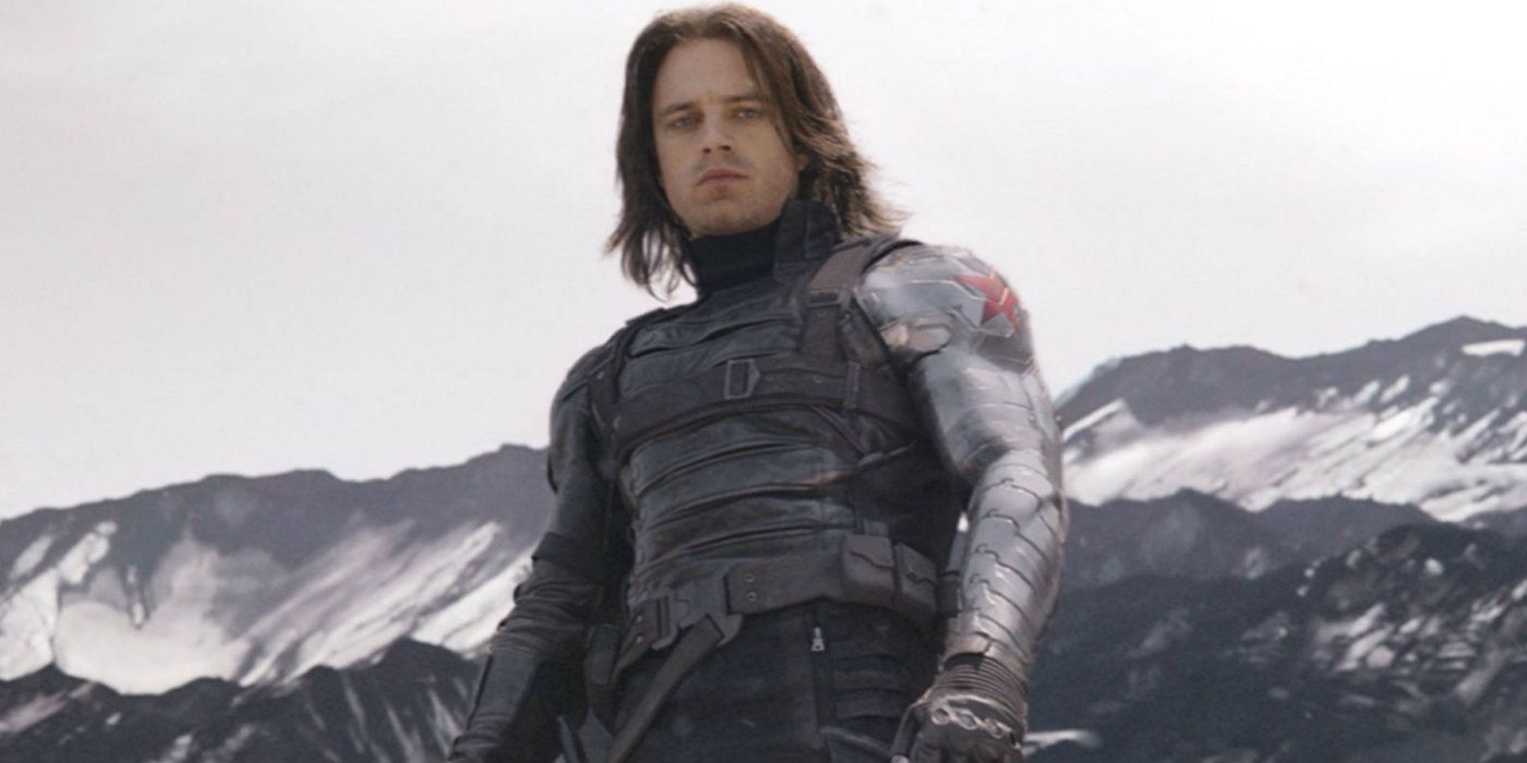 Bucky Barnes as the Winter Soldier in front of mountains