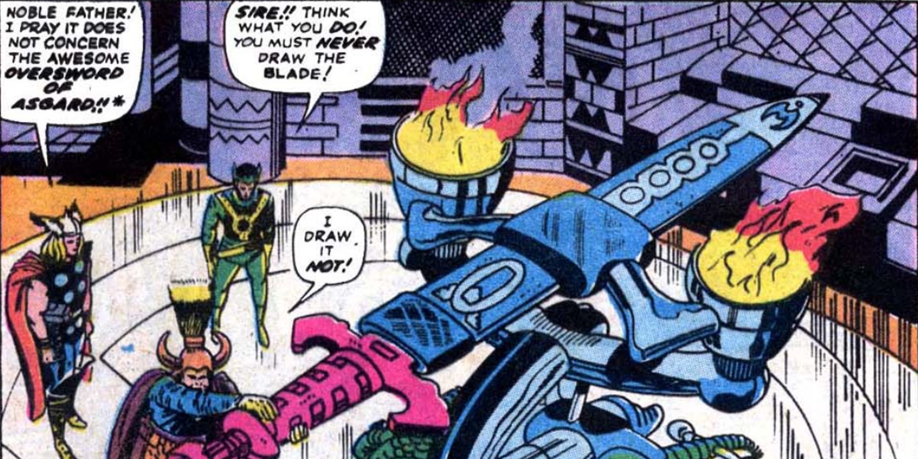 The Odinsword being loaded on a machine in marvel comics