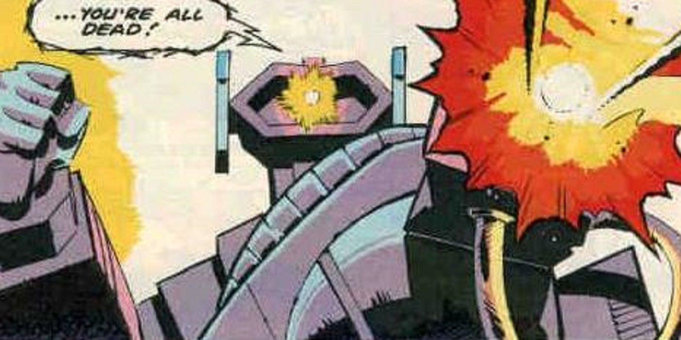 Shockwave shooting his arm cannon in the Transformers franchise