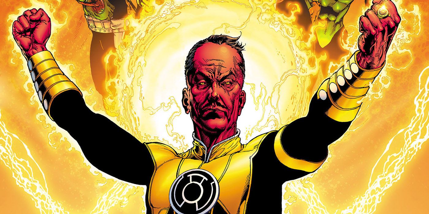 An image of comic art depicting Sinestro with his arms raised