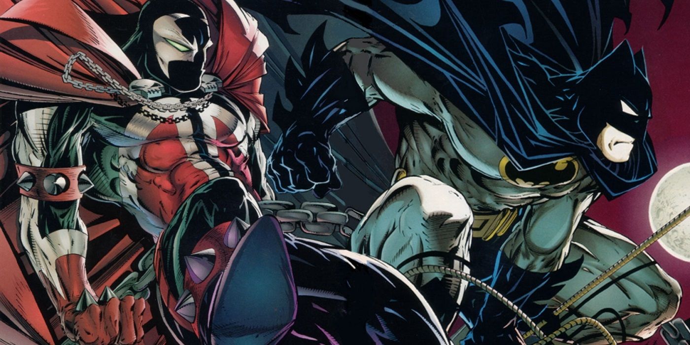 Spawn and Batman looking over a city in the Spawn/Batman crossover from DC/Image Comics