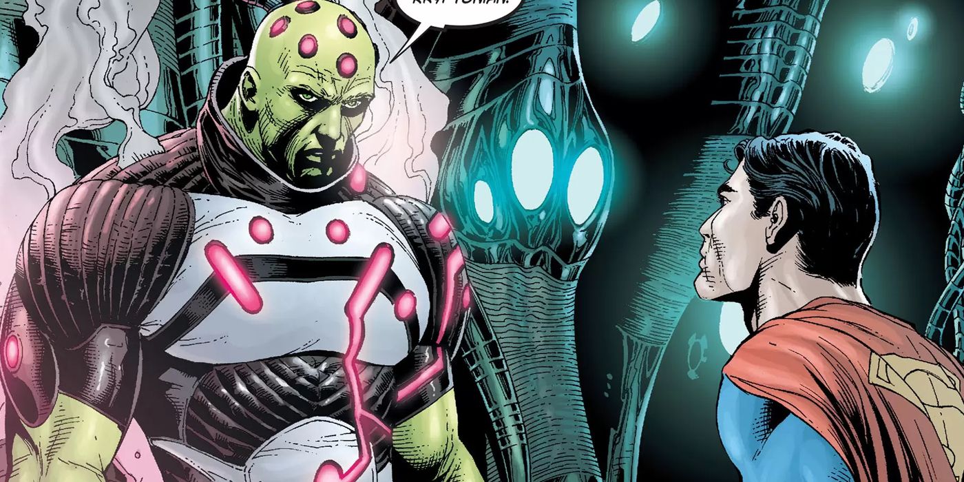 An image of Brainiac speaking to Superman in DC comics.