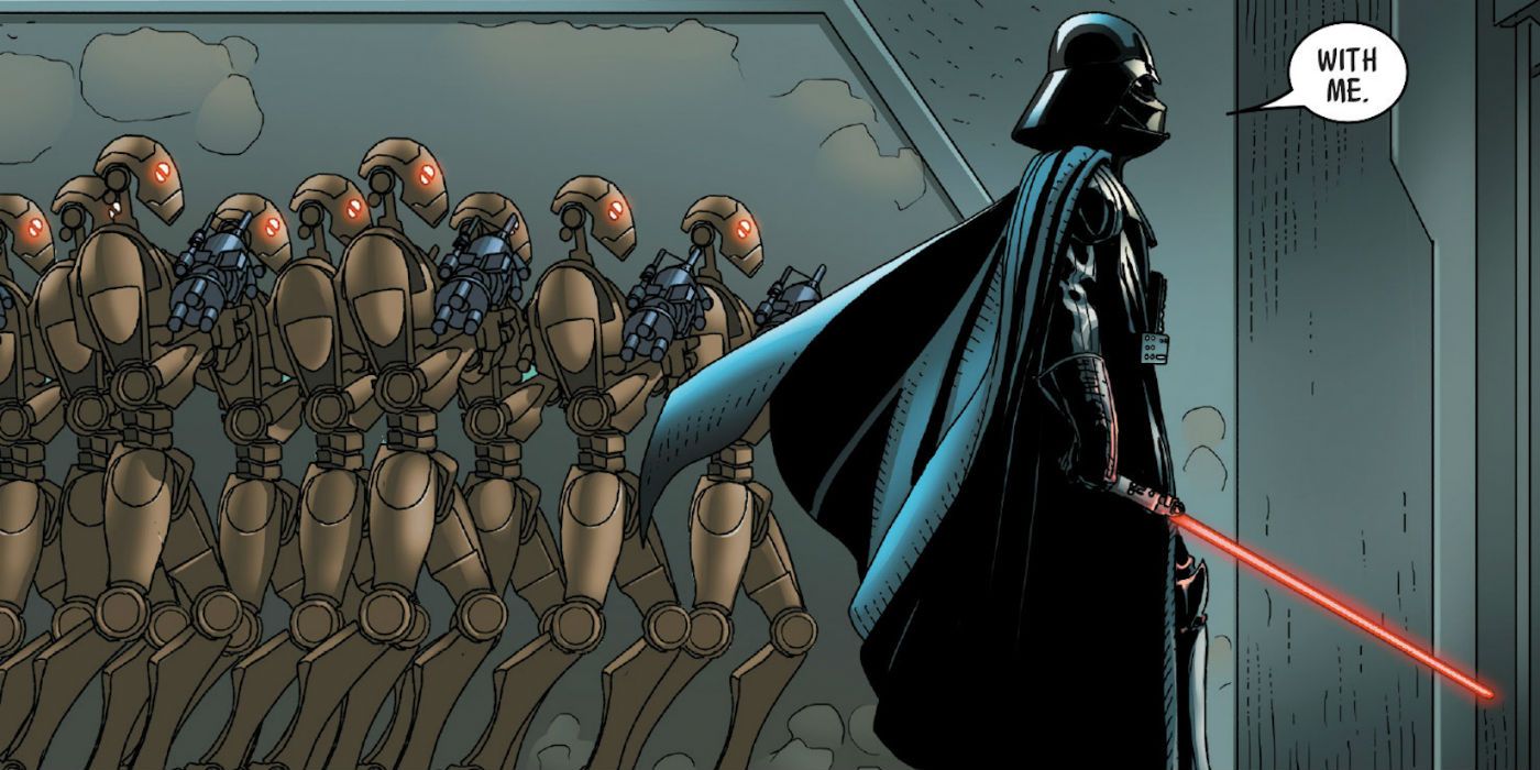 Darth Vader, marching with a squad of reprogrammed Separatist commando droids. Reutilized units from the Clone Wars were not uncommon, although they usually didn't last long in combat.