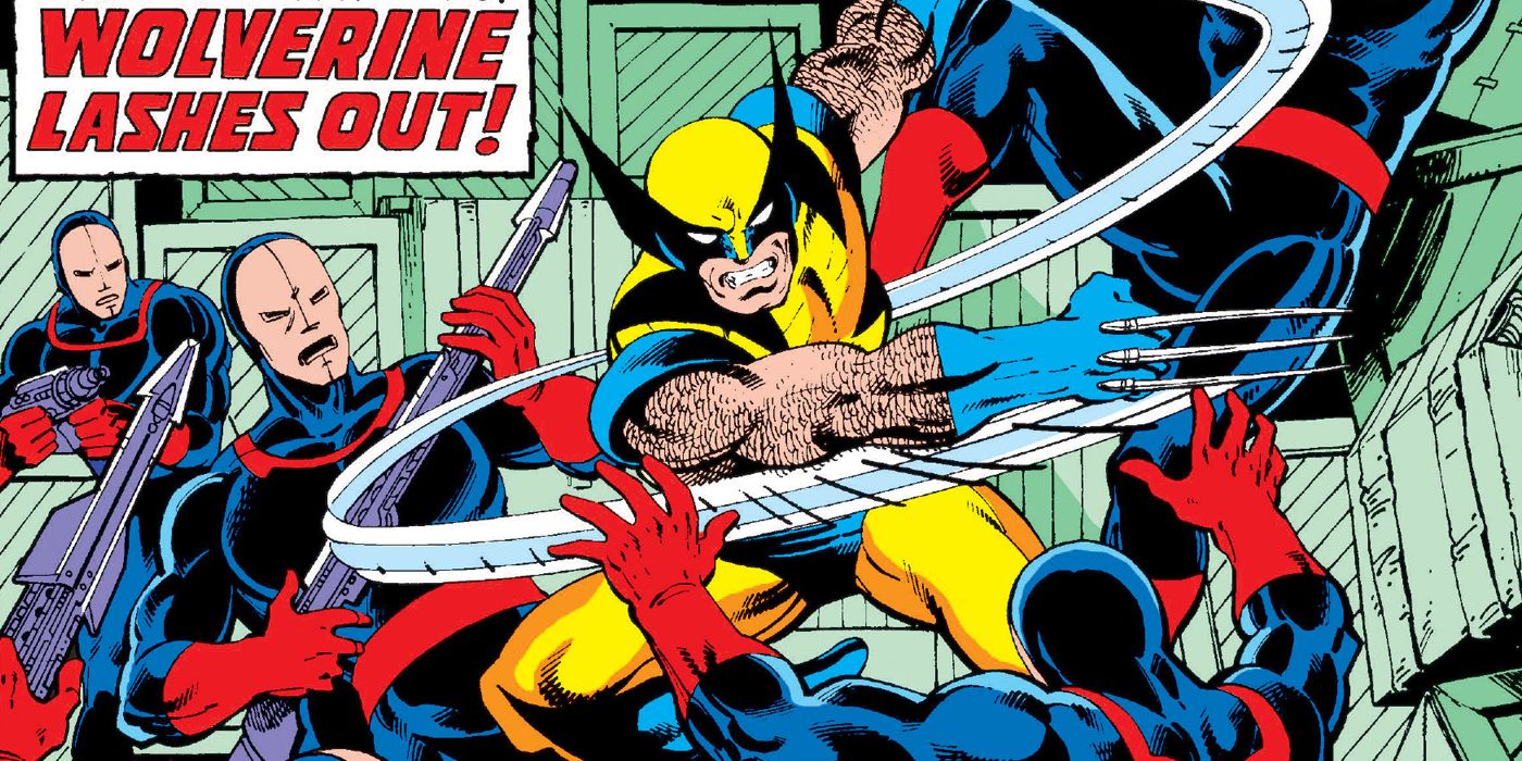 Wolverine fights Hellfire Club henchmen in his classic Marvel Comics costume.