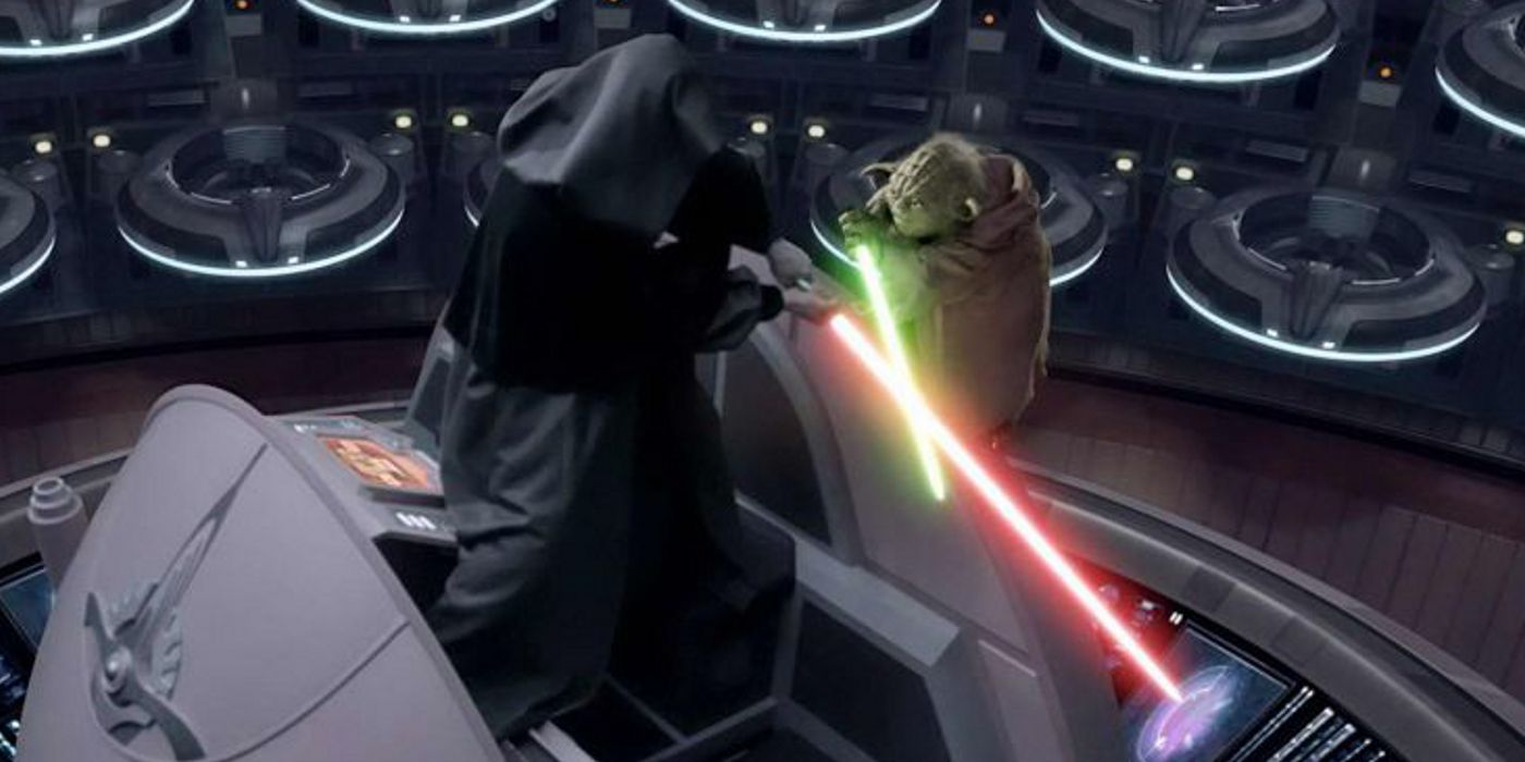 Yoda and Palpatine having a lightsaber duel 